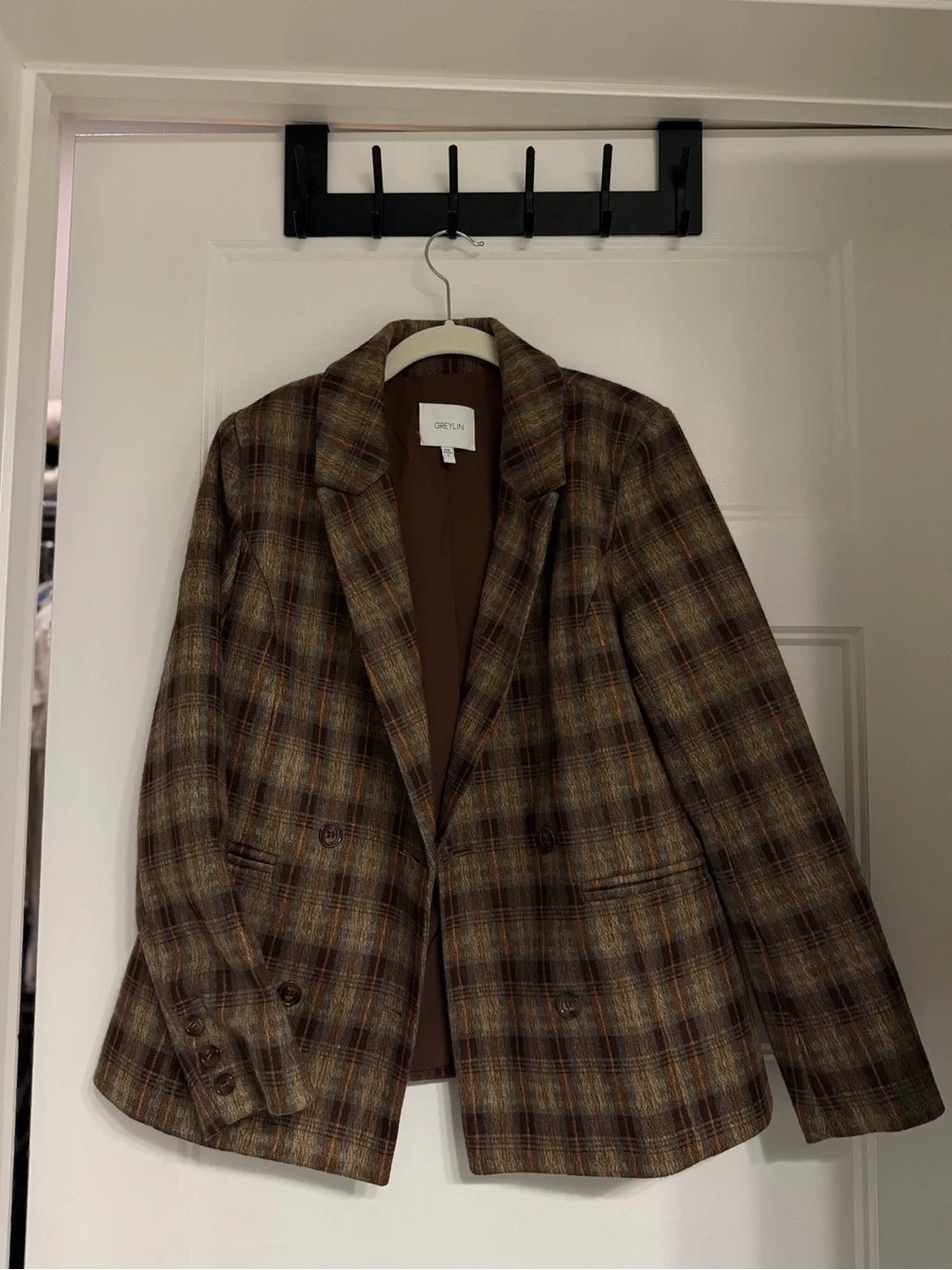 Greylin Plaid Double-Breasted Blazer in Brown and Green Tones - Picture 2 of 5